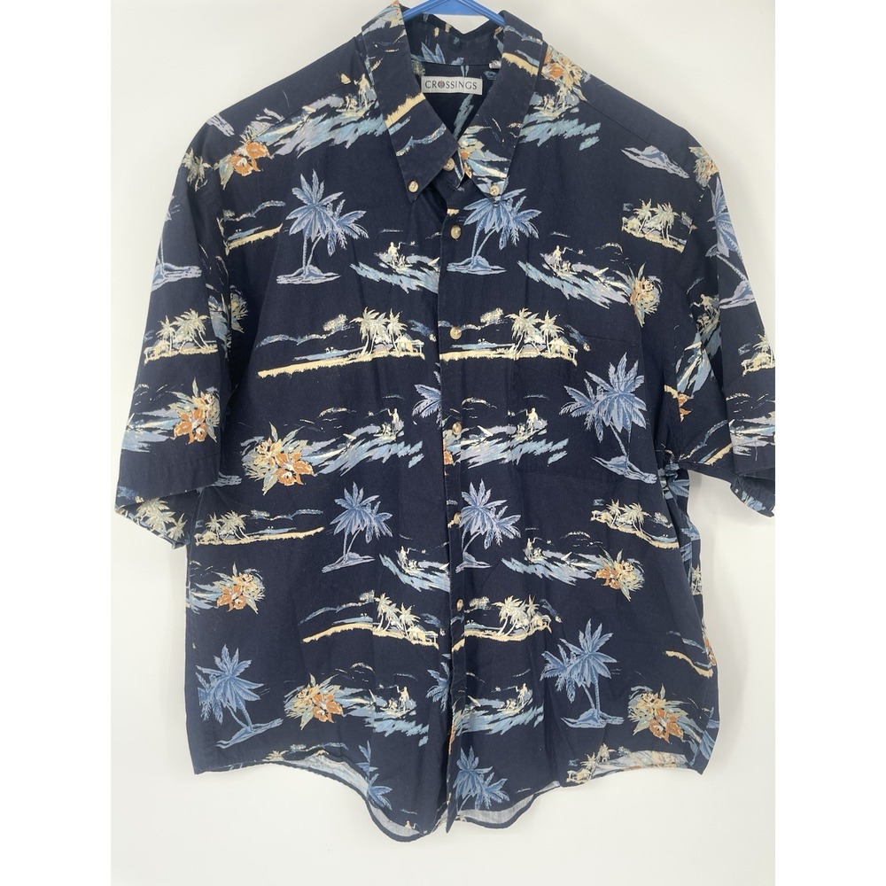 Crossings Hawaiian Shirt Men's‎ XL Blue Button-Down Pocket Short Sleeve